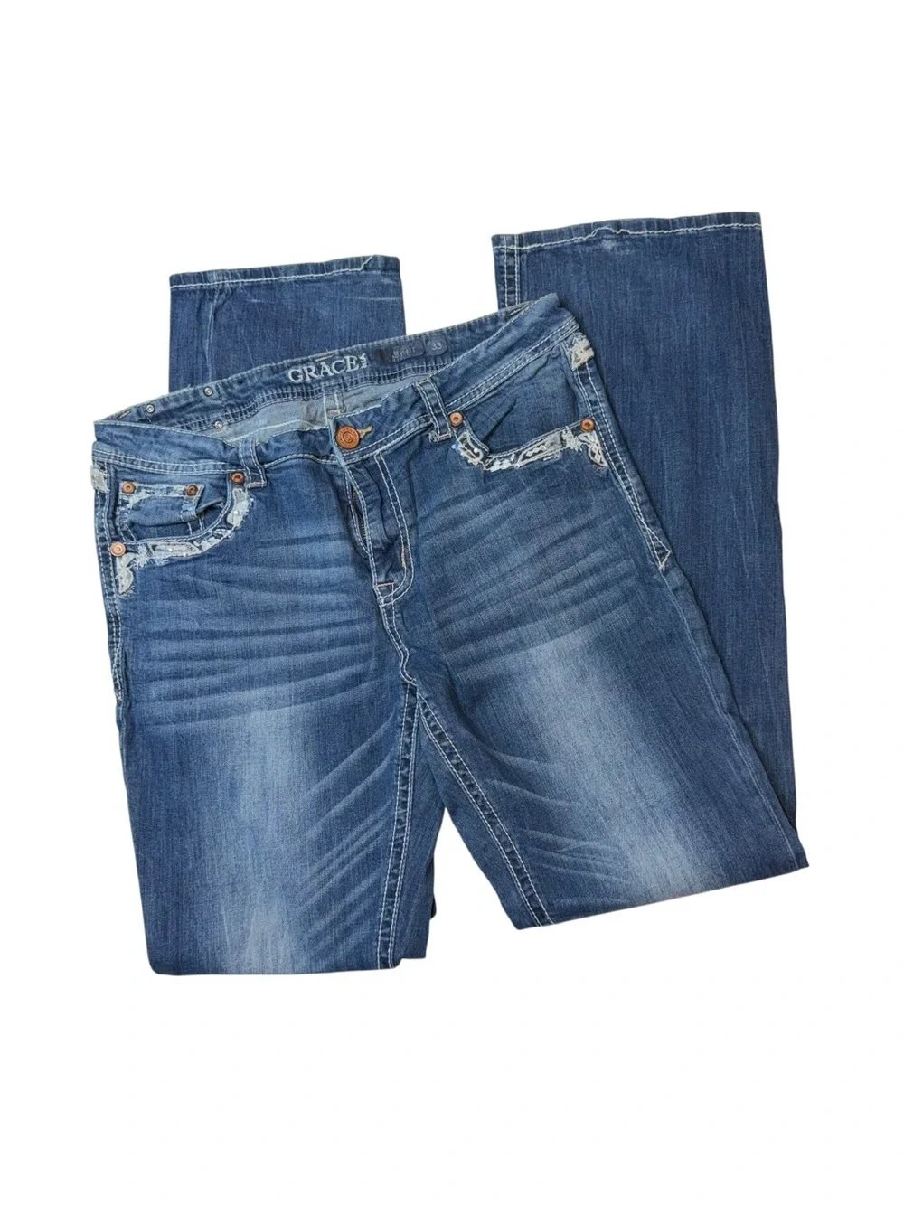 Grace Women’s Boot Cut Jeans in Blue with Fading